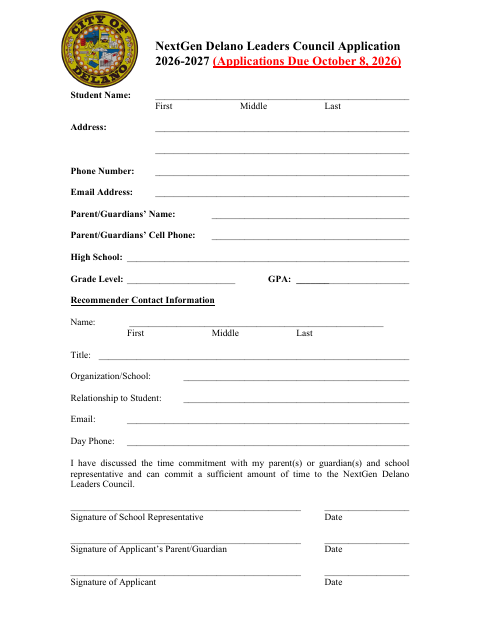 First page of the NextGen Delano Leaders Council Application 2026-2027