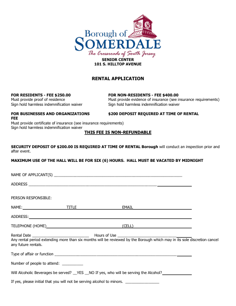 First page of the Senior Center Rental Application for Residents