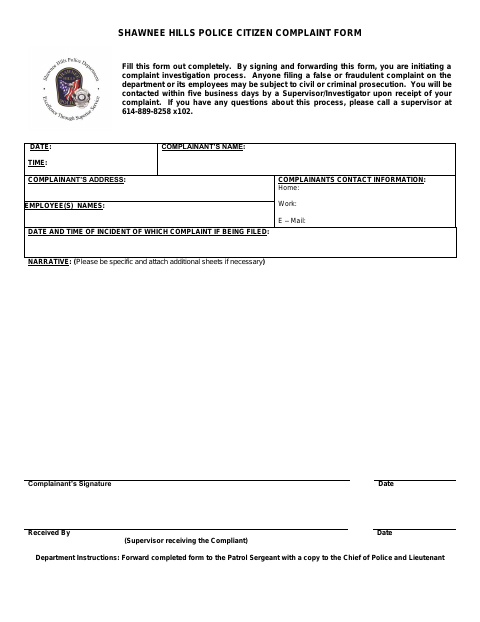 First page of the Police Citizen Complaint Form