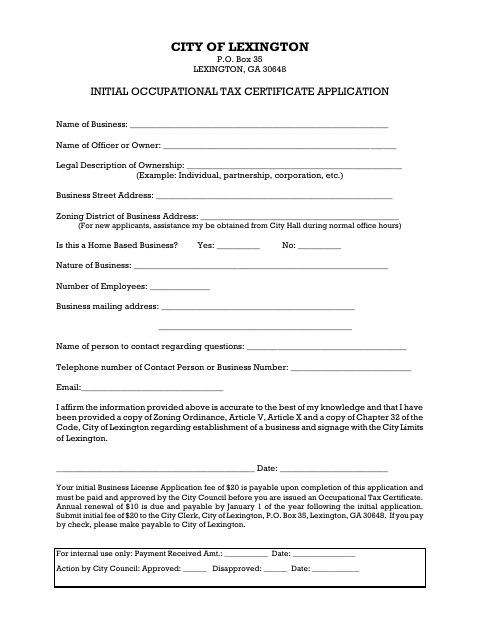 First page of the Initial Occupational Tax Certificate Application