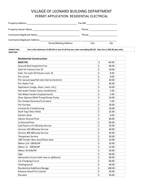 First page of the Residential Electrical Permit Application