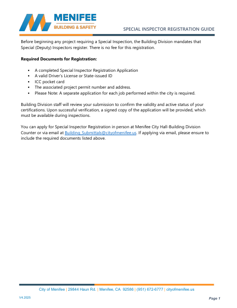 First page of the Special Inspector Registration Application