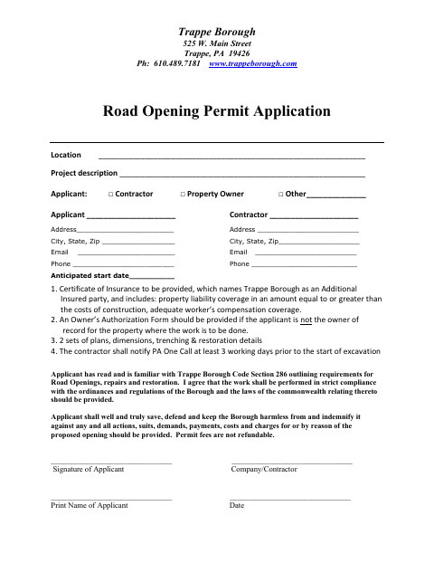 First page of the Road Opening Permit Application