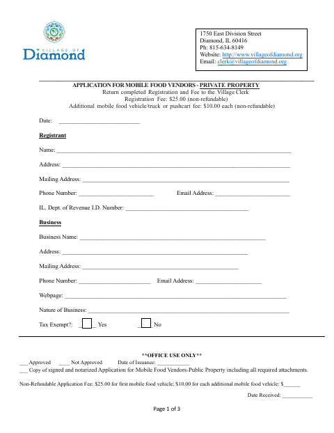 First page of the Application for Mobile Food Vendors – Private Property