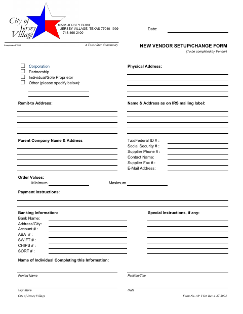 First page of the New Vendor Setup/Change Form