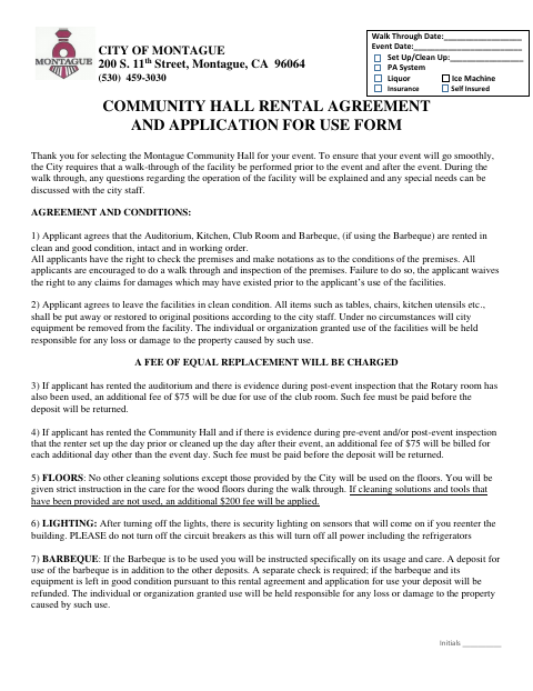 First page of the Community Hall Rental Agreement and Application for Use