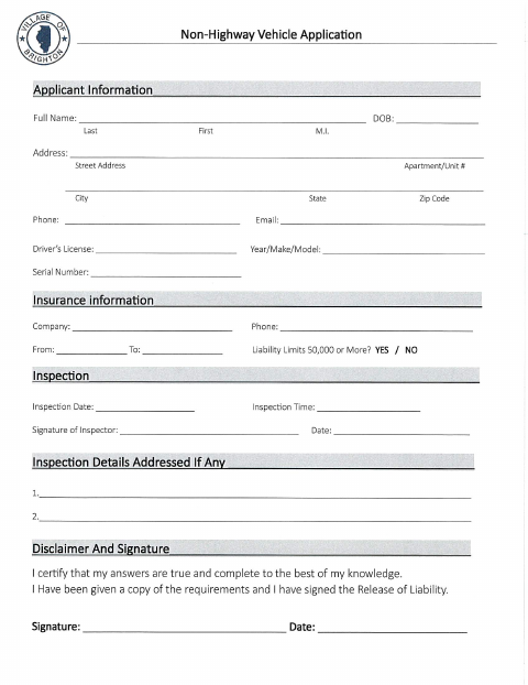 First page of the Non-Highway Vehicle Inspection