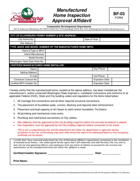 First page of the Manufactured Home Inspection Approval Affidavit