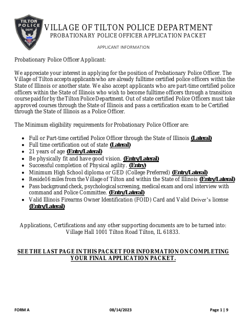 First page of the Probationary Police Officer Application Packet