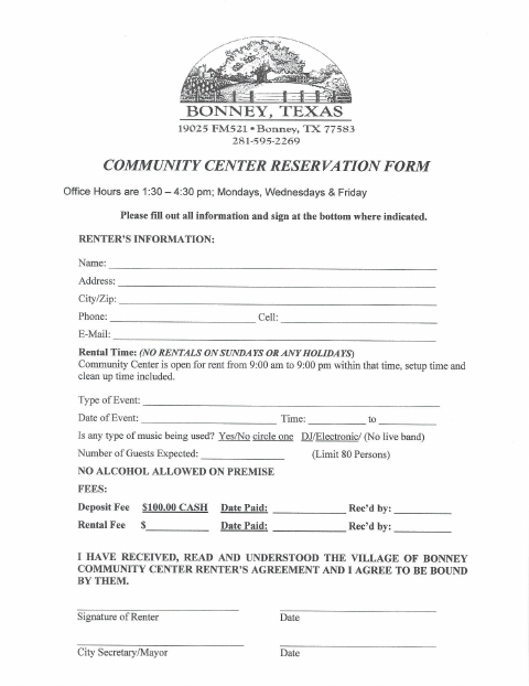 First page of the Community Center Reservation Form