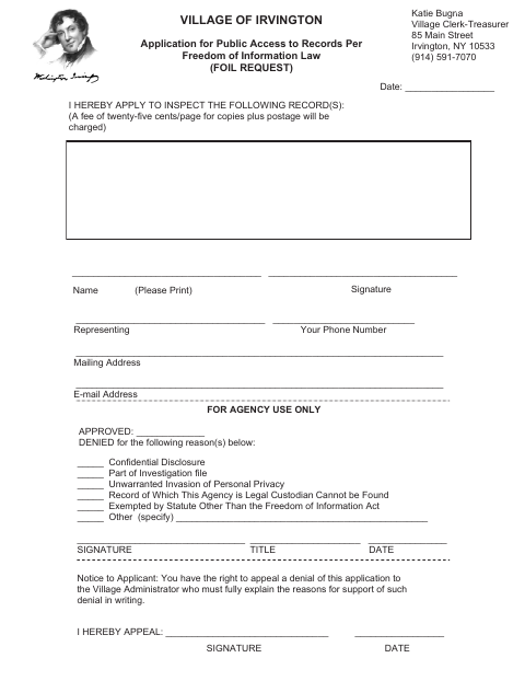 First page of the Application for Public Access to Records