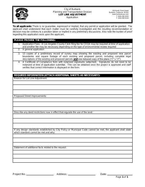 First page of the Lot Line Adjustment Application