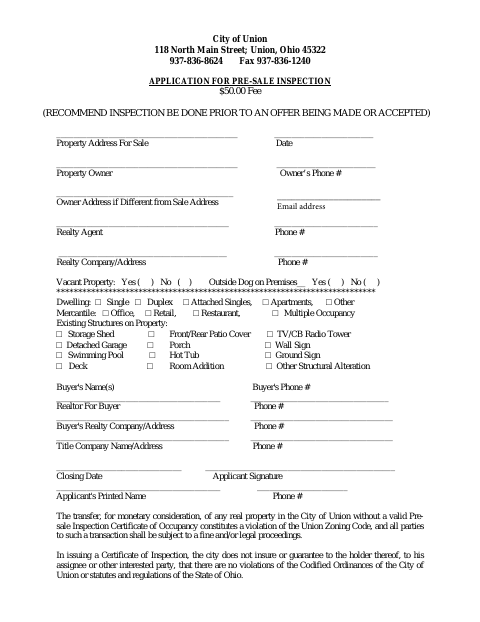 First page of the Application For Pre-Sale Inspection