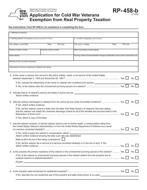 First page of the Application for Cold War Veterans Exemption from Real Property Taxation