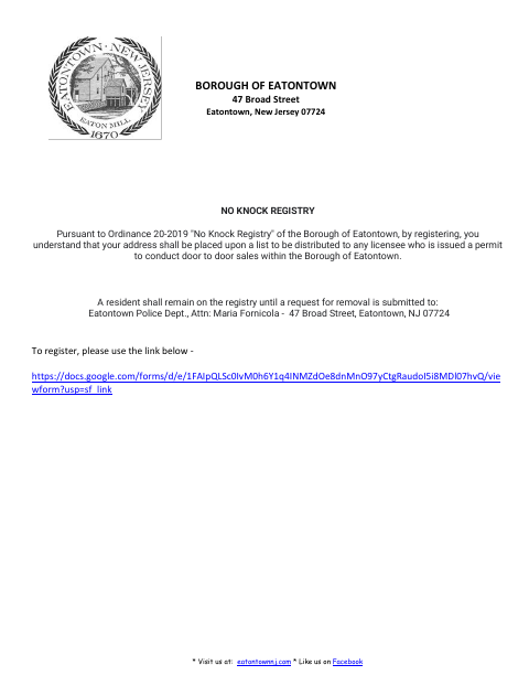 First page of the No Knock Registry Registration