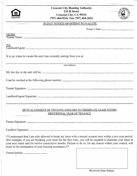 First page of the 30-Day Notice of Intent to Vacate