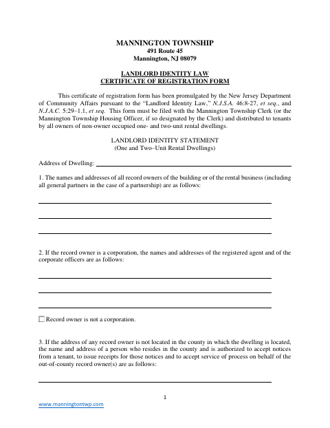 First page of the Landlord Identity Law Certificate Of Registration Form
