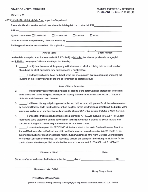 First page of the Owner Exemption Affidavit