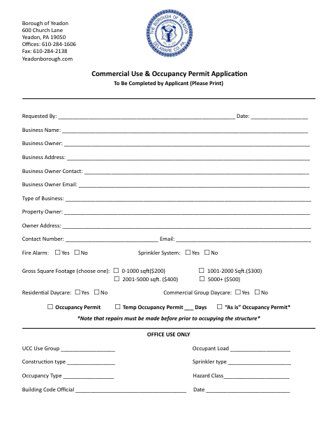 First page of the Commercial Use & Occupancy Permit Application