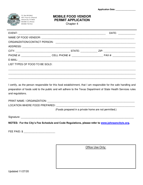 First page of the Mobile Food Vendor Permit Application