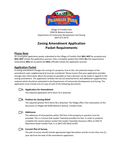 First page of the Zoning Amendment Application Packet