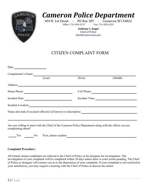 First page of the Citizen Complaint Form