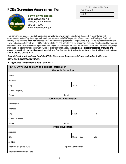 First page of the PCBs Screening Assessment Form