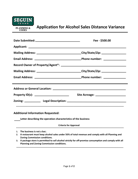 First page of the Application for Alcohol Sales Distance Variance