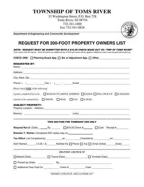 First page of the Request for 200-Foot Property Owners List