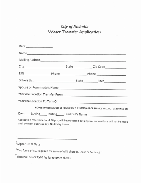First page of the Water Transfer Application