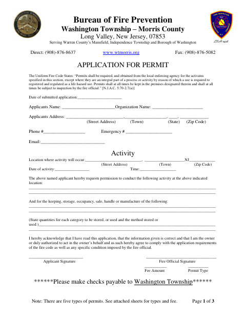 First page of the Fire Safety Permit Application