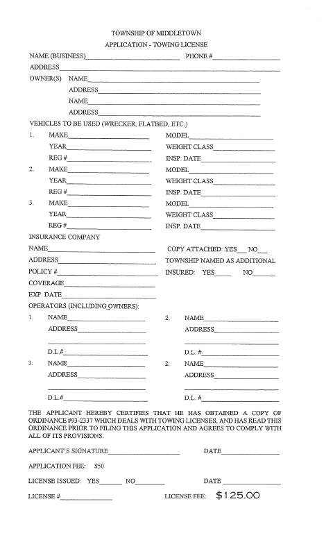 First page of the Towing License Application