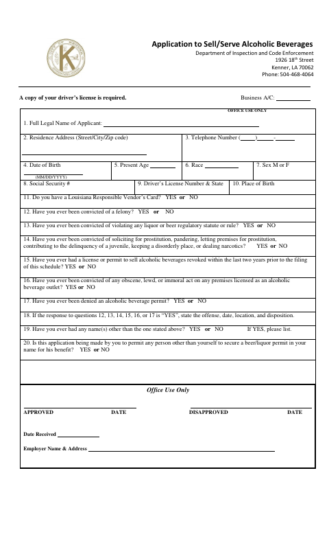 First page of the Application to Sell or Serve Alcoholic Beverages