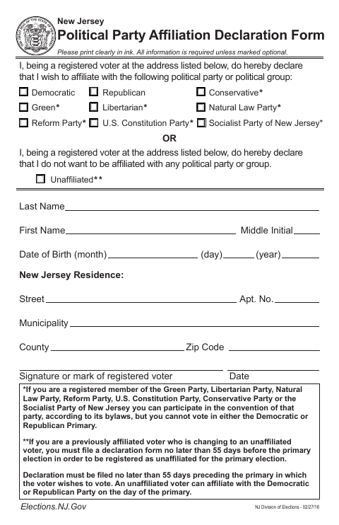 First page of the Political Party Affiliation Declaration Form