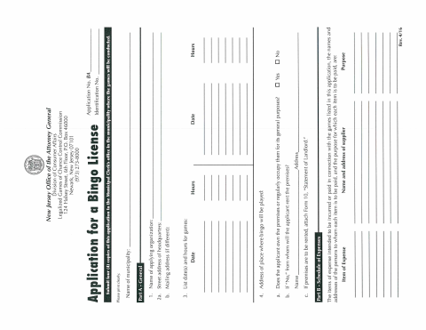 First page of the Application for Bingo License