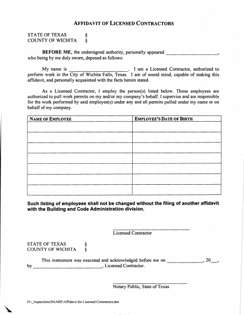 First page of the Affidavit of Licensed Contractors