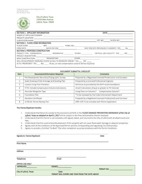 First page of the Floodplain Development Permit Application Form