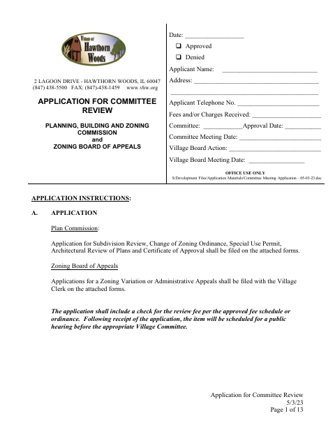 First page of the Application for Committee Review