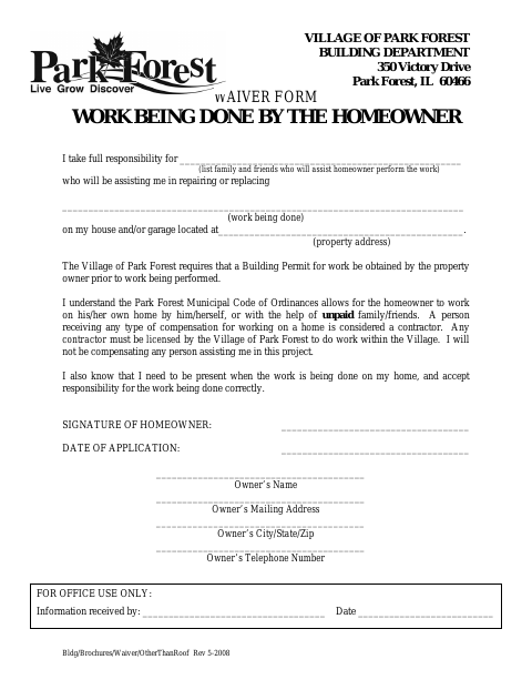 First page of the Homeowner Work Waiver Form