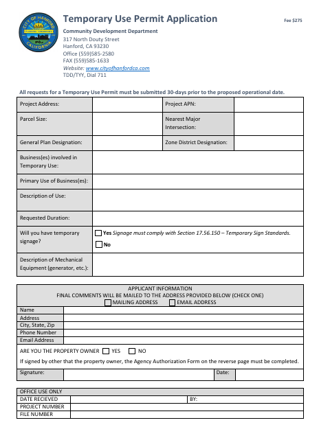 First page of the Temporary Use Permit Application