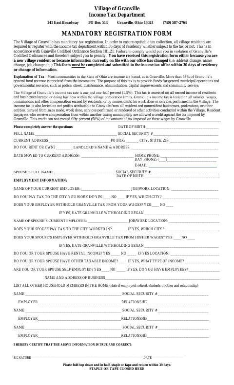 First page of the Mandatory Registration Form