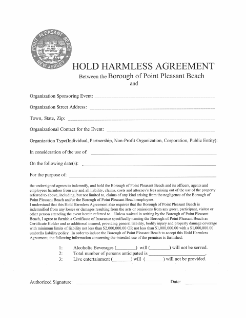First page of the Hold Harmless Agreement