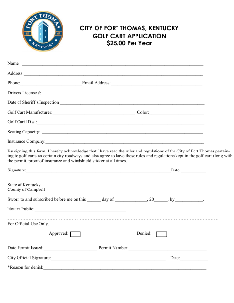 First page of the Golf Cart Application