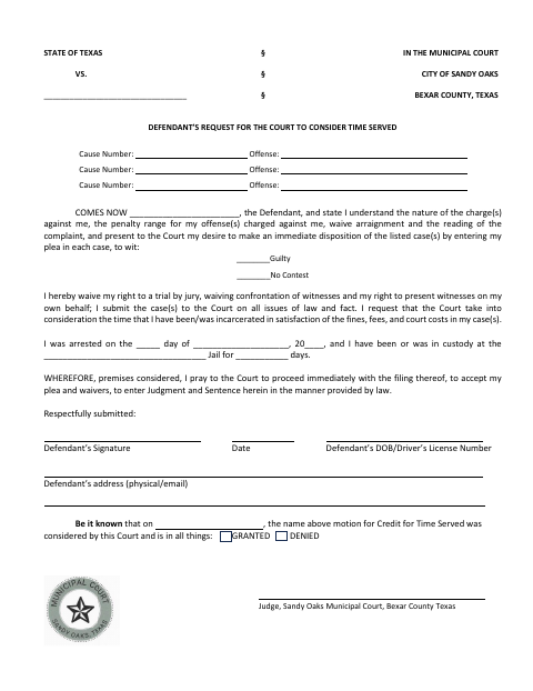 First page of the Defendant’s Request for the Court to Consider Time Served