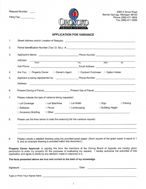 First page of the Application for Variance