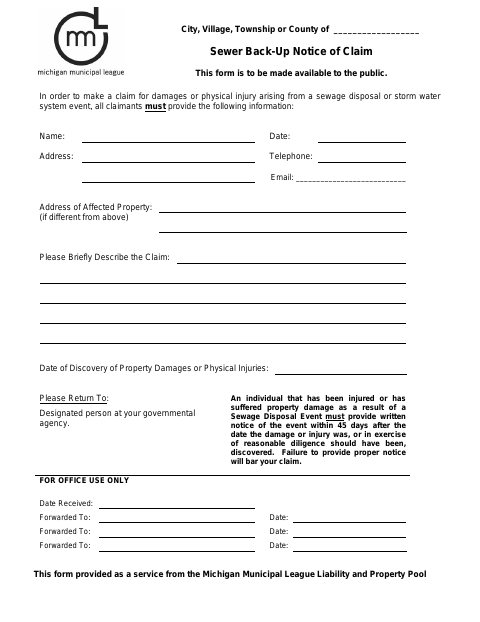 First page of the Sewer Back-Up Notice of Claim