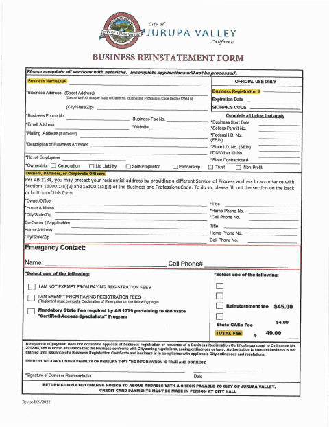 First page of the Business Reinstatement Form