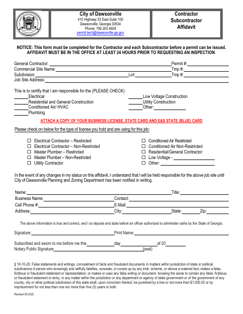 First page of the Contractor Subcontractor Affidavit