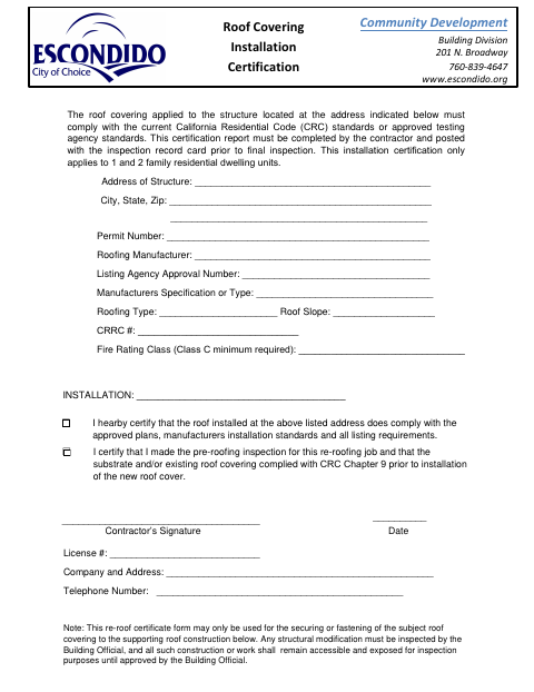 First page of the Roof Covering Installation Certification