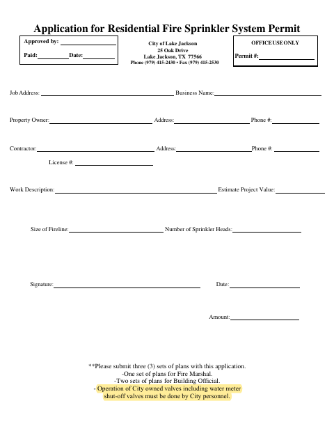 First page of the Application for Residential Fire Sprinkler System Permit